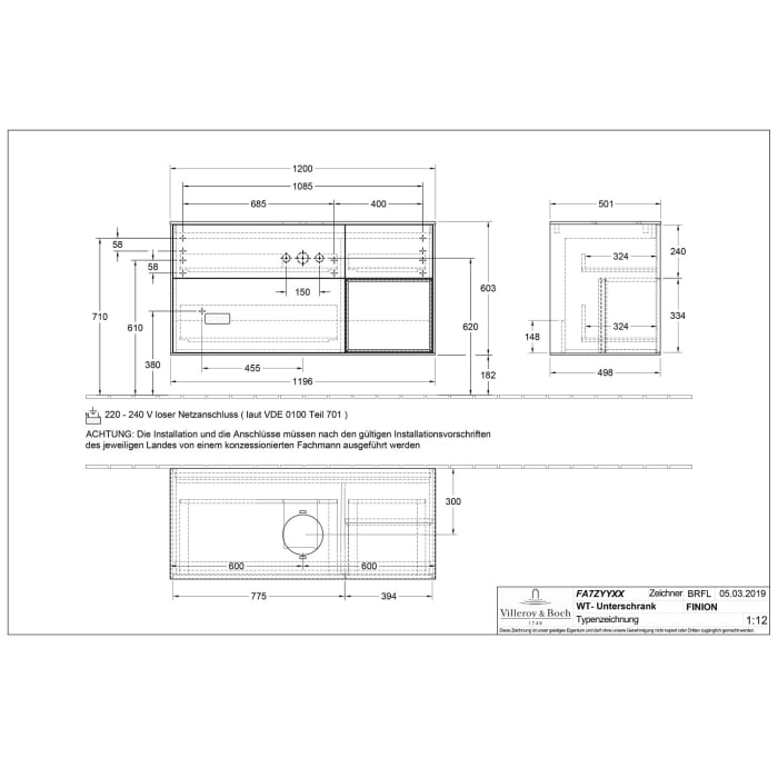 Villeroy & Boch Finion Waschtischunterschrank 120 cm mit Regalelement rechts, Abdeckplatte