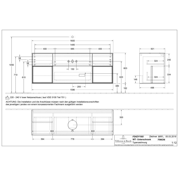 Villeroy & Boch Finion Waschtischunterschrank 160 cm mit 2 Regalelementen, Abdeckplatte