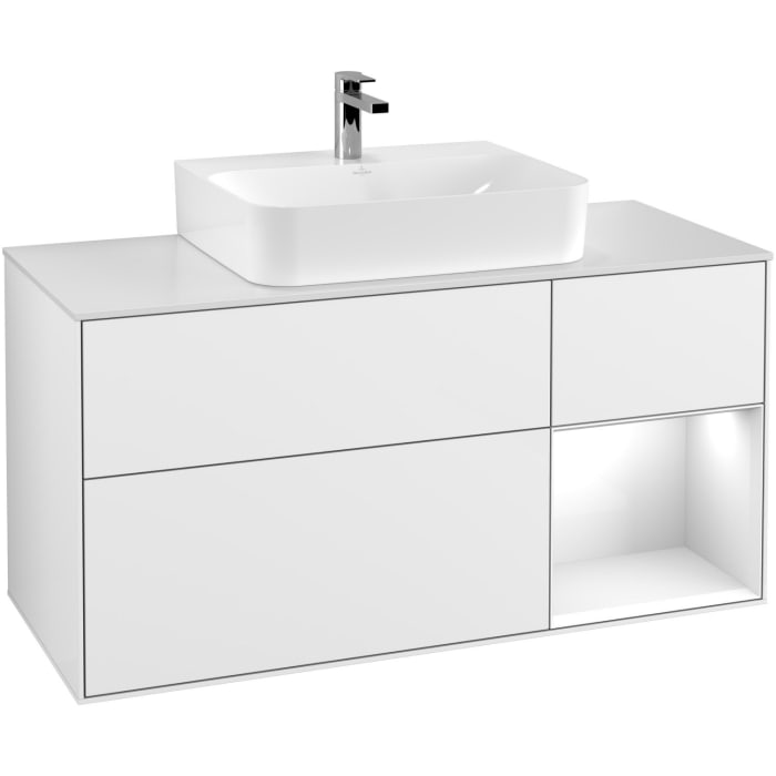 Villeroy & Boch Finion Waschtischunterschrank 120 cm mit Regalelement rechts, Abdeckplatte, Wandbeleuchtung