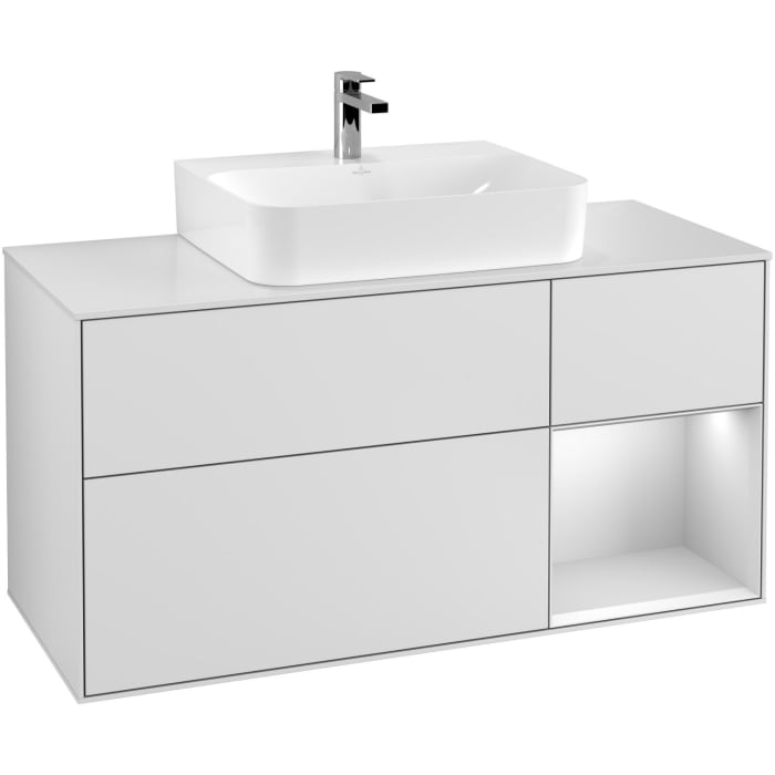 Villeroy & Boch Finion Waschtischunterschrank 120 cm mit Regalelement rechts, Abdeckplatte, Wandbeleuchtung