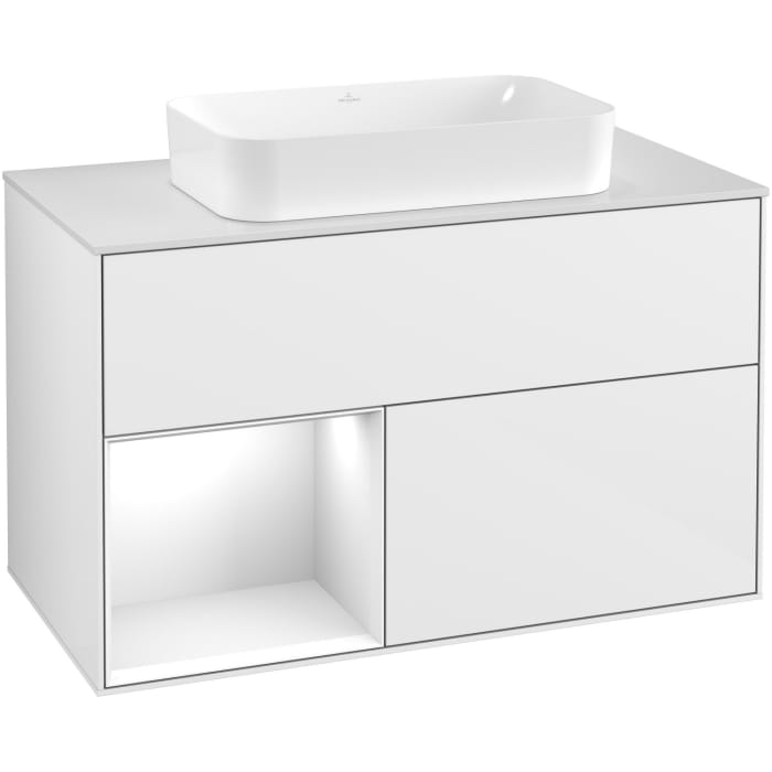 Villeroy & Boch Finion Waschtischunterschrank 100 cm mit Regalelement links, Abdeckplatte, Wandbeleuchtung