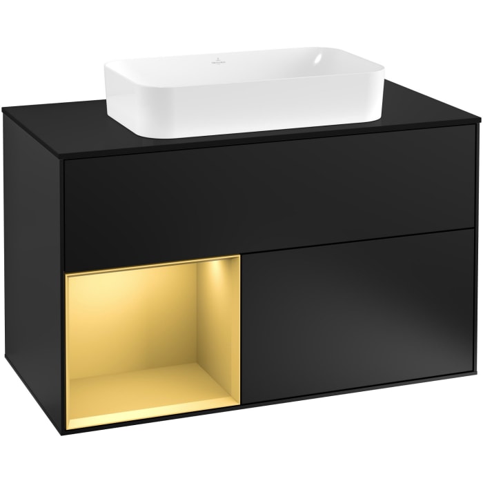 Villeroy & Boch Finion Waschtischunterschrank 100 cm mit Regalelement links, Abdeckplatte, Wandbeleuchtung