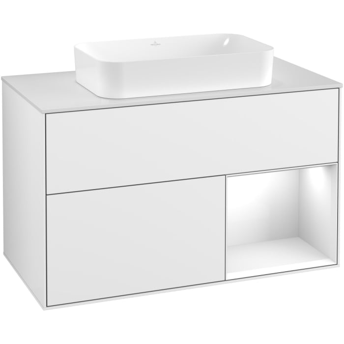 Villeroy & Boch Finion Waschtischunterschrank 100 cm mit Regalelement rechts, Abdeckplatte, Wandbeleuchtung