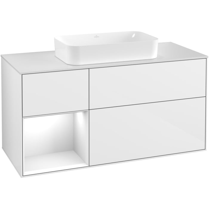 Villeroy & Boch Finion Waschtischunterschrank 120 cm mit Regalelement links, Abdeckplatte, Wandbeleuchtung