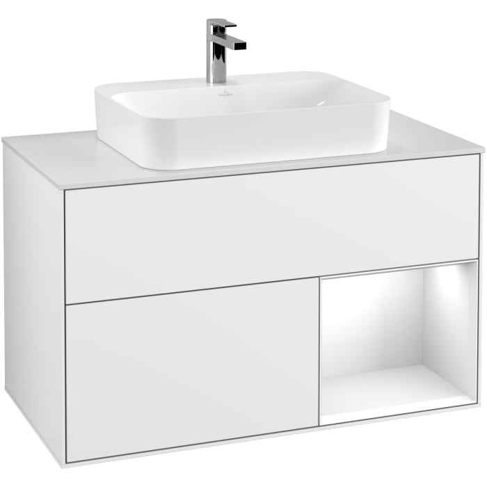 Villeroy & Boch Finion Waschtischunterschrank 100 cm mit Regalelement rechts, Abdeckplatte, Wandbeleuchtung