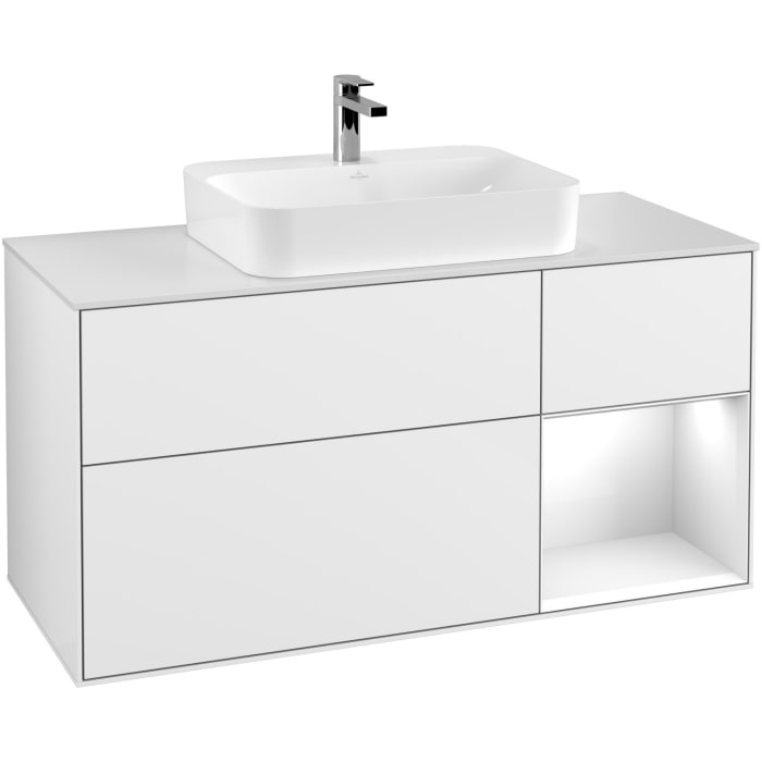 Villeroy & Boch Finion Waschtischunterschrank 120 cm mit Regalelement rechts, Abdeckplatte, Wandbeleuchtung