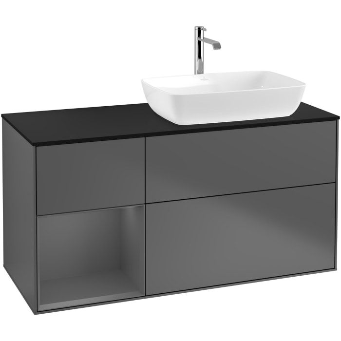 Villeroy & Boch Finion Waschtischunterschrank 120 cm mit Regalelement links, Abdeckplatte, Wandbeleuchtung