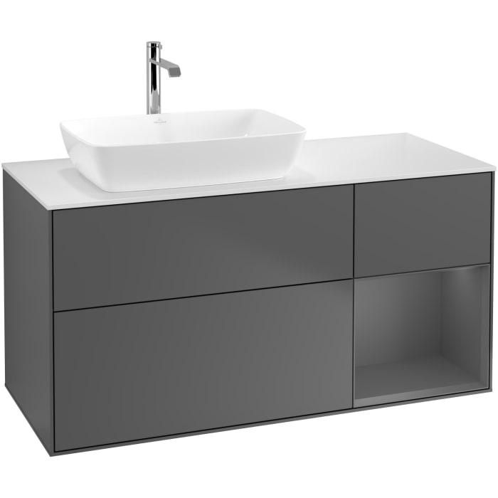 Villeroy & Boch Finion Waschtischunterschrank 120 cm mit Regalelement rechts, Abdeckplatte, Wandbeleuchtung