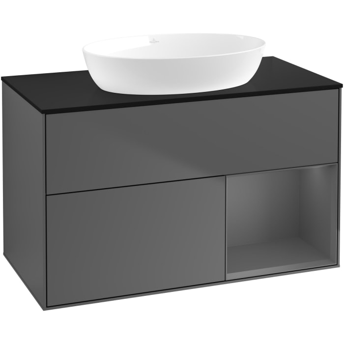 Villeroy & Boch Finion Waschtischunterschrank 100 cm mit Regalelement rechts, Abdeckplatte, Wandbeleuchtung