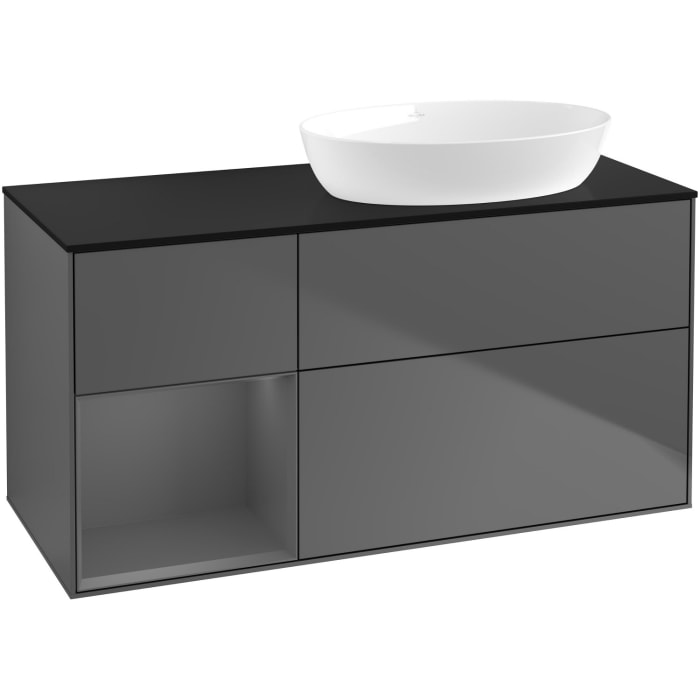 Villeroy & Boch Finion Waschtischunterschrank 120 cm mit Regalelement links, Abdeckplatte, Wandbeleuchtung