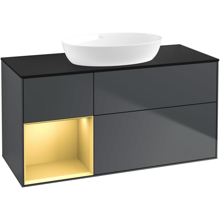 Villeroy & Boch Finion Waschtischunterschrank 120 cm mit Regalelement links, Abdeckplatte, Wandbeleuchtung