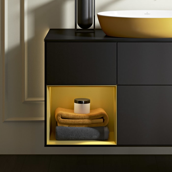 Villeroy & Boch Finion Waschtischunterschrank 120 cm mit Regalelement rechts, Abdeckplatte, Wandbeleuchtung