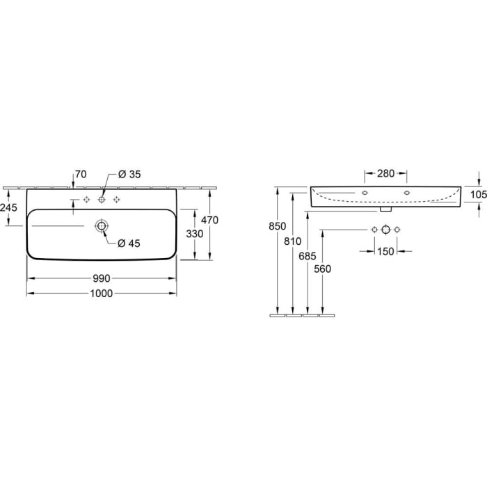 Villeroy & Boch Finion Waschtisch 100 cm mit Hahnloch, mit ViFlow Überlauf