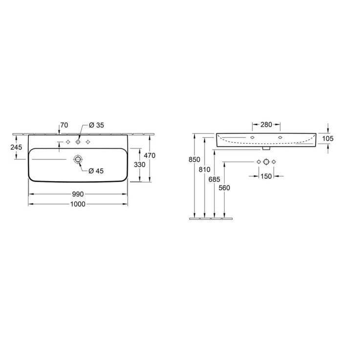 Villeroy & Boch Finion Waschtisch 100 cm mit Hahnloch, ohne Überlauf