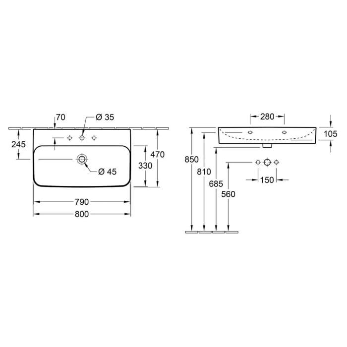 Villeroy & Boch Finion Waschtisch 80 cm mit Hahnloch, ohne Überlauf