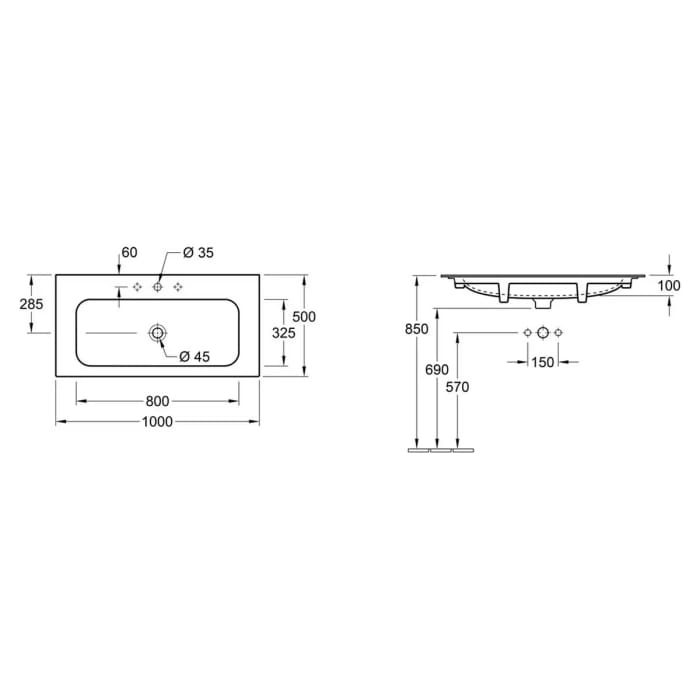 Villeroy & Boch Finion Schrankwaschtisch 100 cm mit Hahnloch, ohne Überlauf