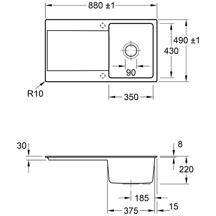 Villeroy & Boch Siluet 50 Flat Einbauspüle Becken rechts, Ablaufgarnitur mit Excenterbetätigung