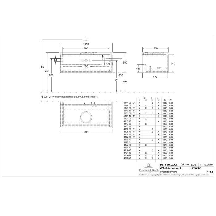 Villeroy & Boch Legato Waschtischunterschrank 100 cm mit 1 Auszug und LED-Beleuchtung