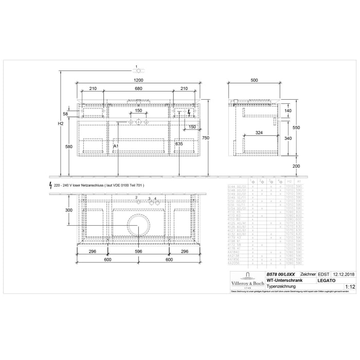 Villeroy & Boch Legato Waschtischunterschrank 120 cm mit 5 Auszügen und LED-Beleuchtung