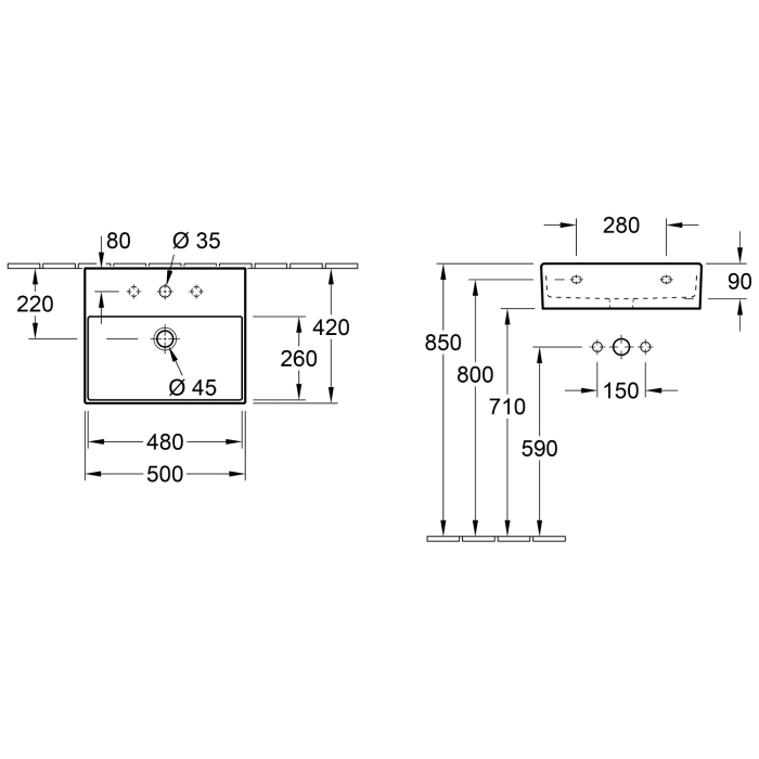 Villeroy & Boch Memento 2.0 Waschtisch 50 cm mit 1 Hahnloch, ohne Überlauf