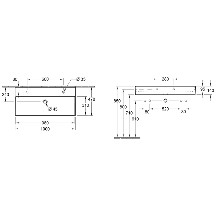 Villeroy & Boch Memento 2.0 Waschtisch 100 cm mit 2 Hahnlöchern, ohne Überlauf