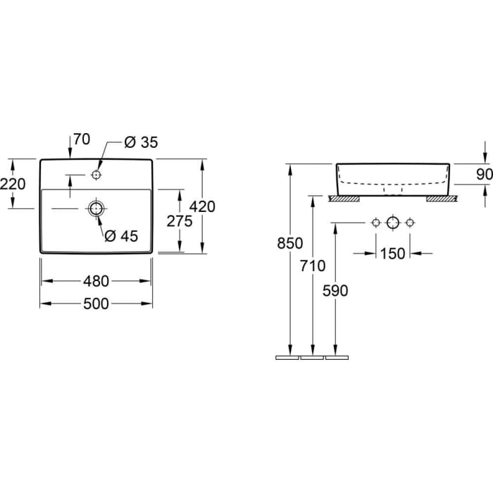 Villeroy & Boch Memento 2.0 Aufsatzwaschtisch 50 cm mit Hahnloch, mit Überlauf