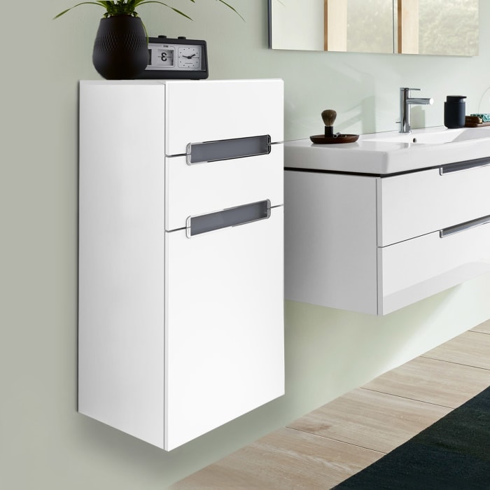 Villeroy & Boch Subway 2.0 Seitenschrank 35,4 cm Anschlag links, Abdeckplatte Glas weiß, Griffe chromfarbig glänzend