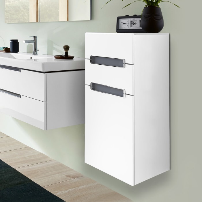Villeroy & Boch Subway 2.0 Seitenschrank 35,4 cm Anschlag rechts, Abdeckplatte Glas silbergrau, Griffe chromfarbig glänzend