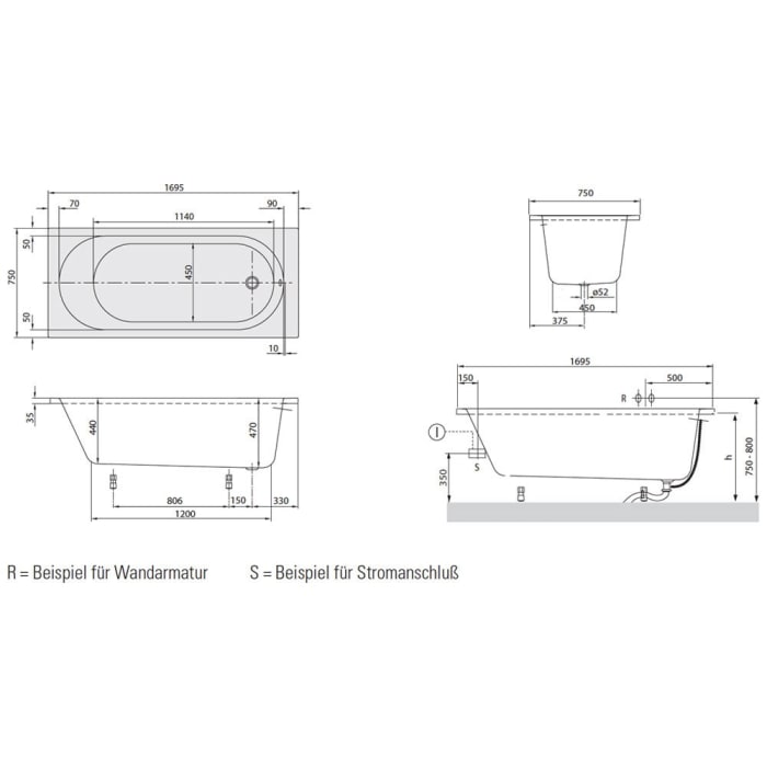 Villeroy & Boch O.novo Solo Badewanne 170 x 75 cm, Airpool Comfort, Technik Position 1
