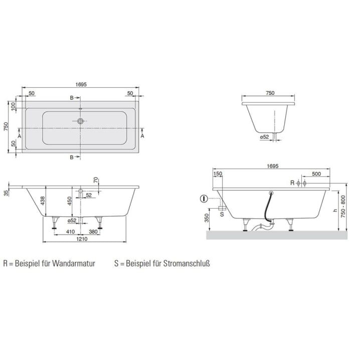 Villeroy & Boch Subway Duo-Badewanne 170 x 75 cm, Airpool Comfort, Technik Position 1, mit Trio Ablaufgarnitur