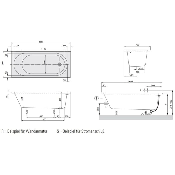 Villeroy & Boch O.novo Solo Badewanne 170 x 70 cm, Airpool Comfort, Technik Position 2