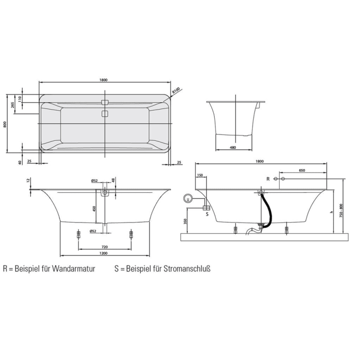 Villeroy & Boch Squaro Edge 12 Duo Badewanne 180 x 80 cm, Airpool Comfort, Technik Position 1