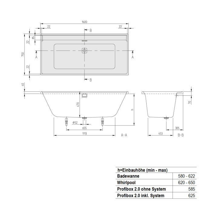 Villeroy & Boch Collaro Einbaubadewanne 160 x 75 cm, Airpool Entry, Technikposition 2, inkl. Wasserzulauf