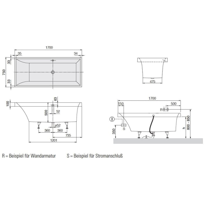 Villeroy & Boch Squaro Duo-Badewanne 170 x 75 cm, Airpool Entry, Technik Position 1, mit Trio Ablaufgarnitur