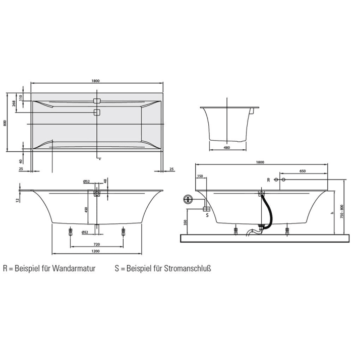 Villeroy & Boch Squaro Edge 12 Duo Badewanne 180 x 80 cm, Airpool Entry, Technik Position 1, mit Trio Ablaufgarnitur