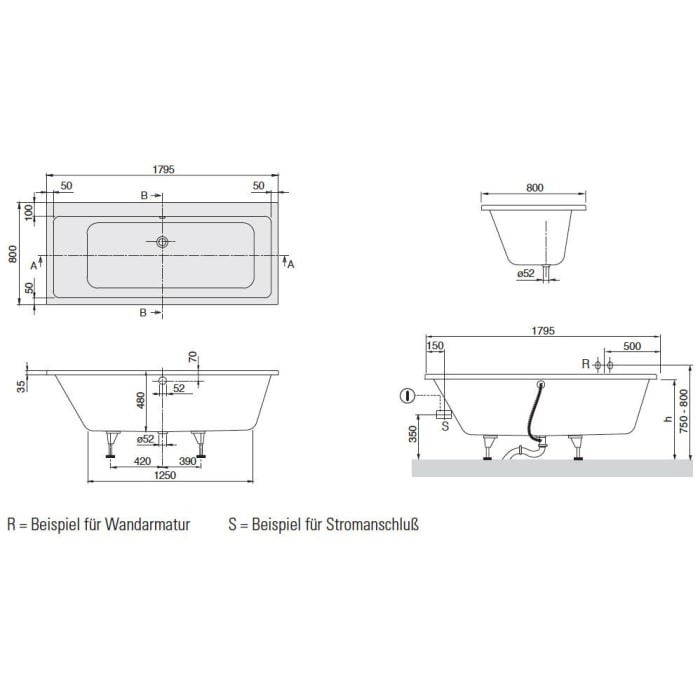 Villeroy & Boch Subway Duo-Badewanne 180 x 80 cm, Airpool Entry, Technik Position 2
