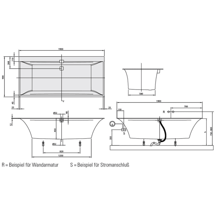 Villeroy & Boch Squaro Edge 12 Duo Badewanne 190 x 90 cm, Airpool Entry, Technik Position 2, mit Trio Ablaufgarnitur