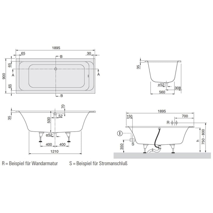 Villeroy & Boch Architectura Duo Badewanne 190 x 90 cm, Airpool Entry, Technik Position 2