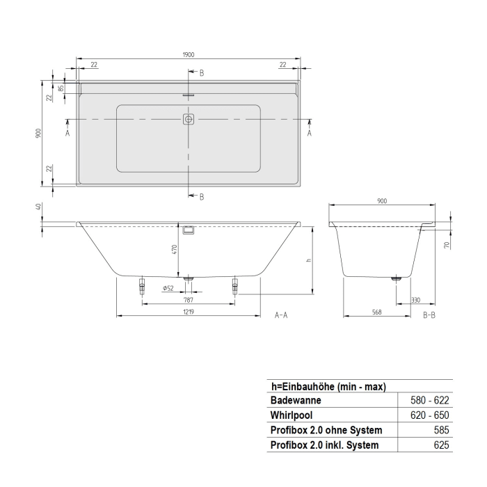 Villeroy & Boch Collaro Einbaubadewanne 190 x 90 cm, Combipool Comfort, Technikposition 1, inkl. Wasserzulauf