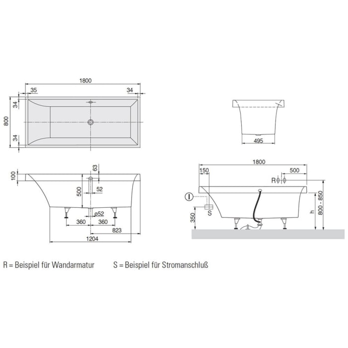 Villeroy & Boch Squaro Duo-Badewanne 180 x 80 cm, Combipool Comfort, Technik Position 1, mit Trio Ablaufgarnitur