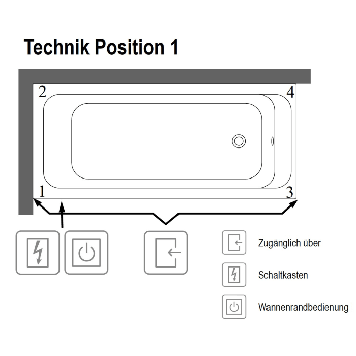 Villeroy & Boch Architectura Solo Badewanne 170 x 75 cm, Combipool Entry, Technik Position 1, mit Trio Ablaufgarnitur