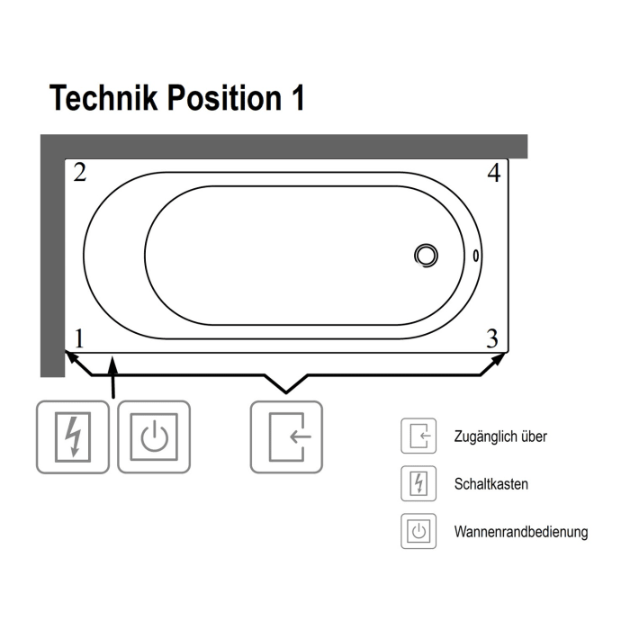 Villeroy & Boch O.novo Solo Badewanne 170 x 70 cm, Combipool Entry, Technik Position 1, mit Trio Ablaufgarnitur