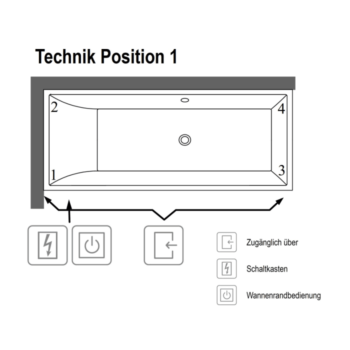 Villeroy & Boch Squaro Duo-Badewanne 180 x 80 cm, Combipool Entry, Technik Position 1, mit Trio Ablaufgarnitur