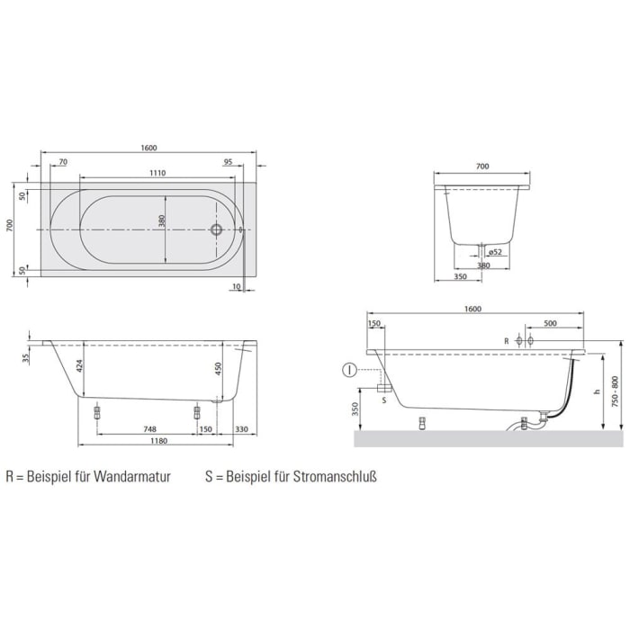 Villeroy & Boch O.novo Solo Badewanne 160 x 70 cm, Combipool Entry, Technik Position 2