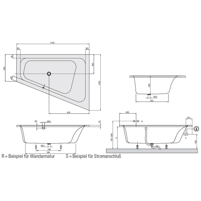 Villeroy & Boch Loop & Friends Square Eckbadewanne 175 x 135 cm, rechts, Combipool Entry, Technik Position 1, mit Trio Ablaufgarnitur