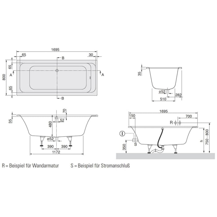 Villeroy & Boch Architectura Duo Badewanne 170 x 80 cm, Combipool Entry, Technik Position 1, mit Trio Ablaufgarnitur