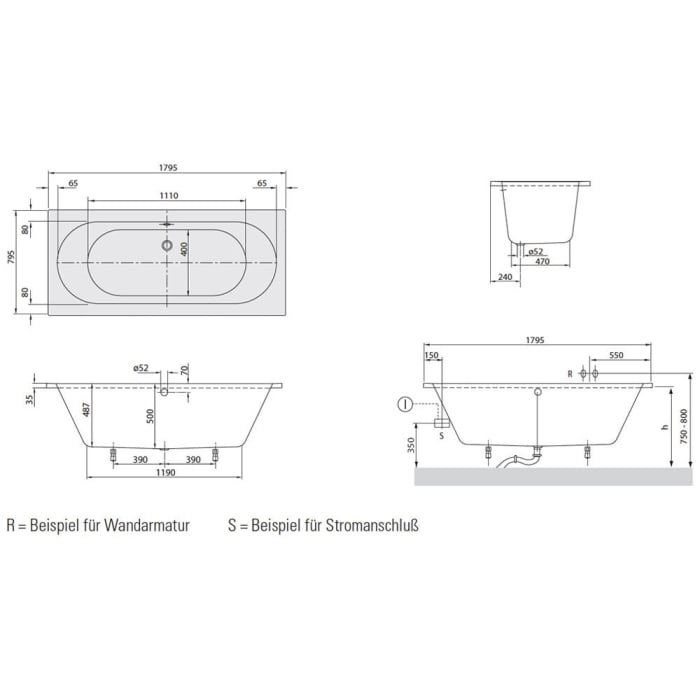 Villeroy & Boch O.novo Solo Badewanne 180 x 80 cm, Combipool Entry, Technik Position 1, mit Trio Ablaufgarnitur