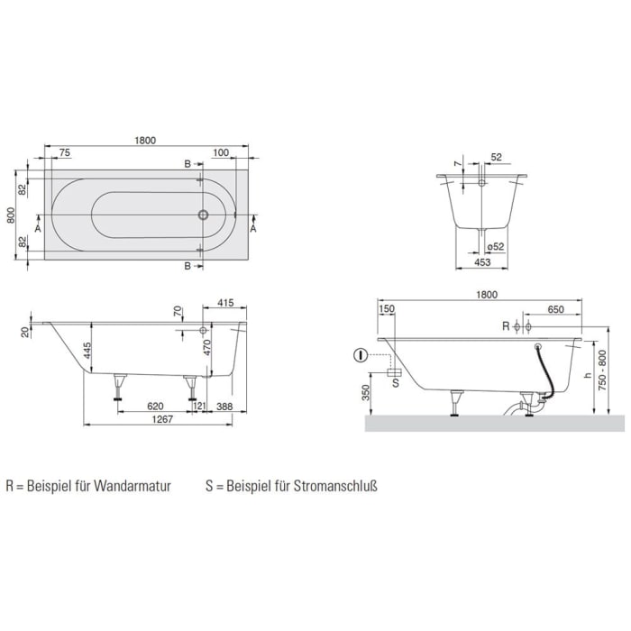 Villeroy & Boch Oberon Solo Badewanne 180 x 80 cm, Combipool Entry, Technik Position 2