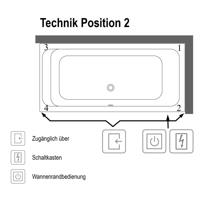 Villeroy & Boch Architectura Duo Badewanne 190 x 90 cm, Hydropool Comfort, Technik Position 2, mit Trio Ablaufgarnitur