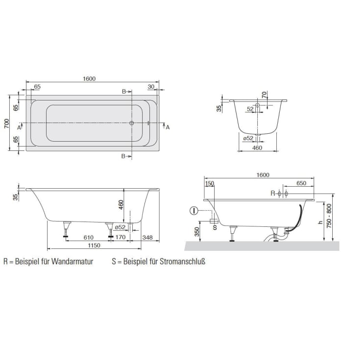Villeroy & Boch Architectura Solo Badewanne 160 x 70 cm, Hydropool Comfort, Technik Position 2